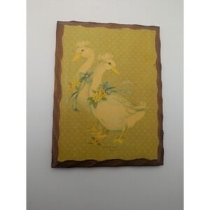 Vtg John Reed Wooden Art Plaque‎ Two Ducks Yellow Floral Ribbons Mount 8.5x6.5